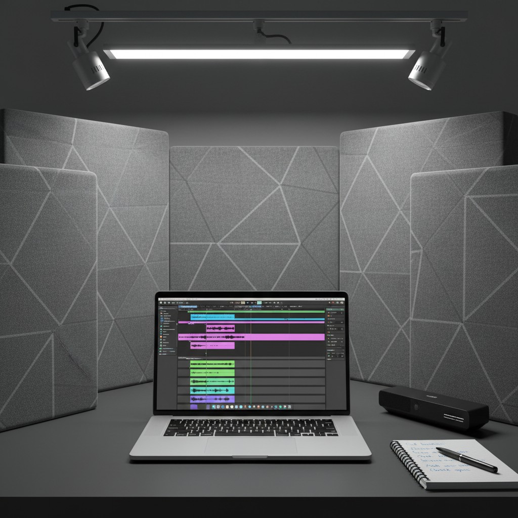A sound-treated recording booth with a laptop, notebook, pen, and headphone amp. [Caption: Computer image of a recording s...